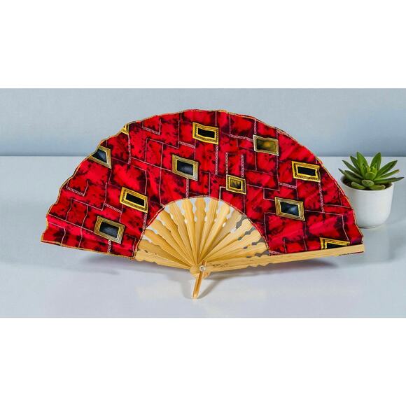 Unique Red Black and Yellow Diamond Shape Cotton Fabric Handmade Fan w/ Handle - Picture 1 of 5
